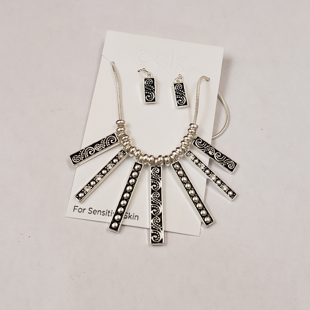 Belk Necklace earring set, sensitive skin, silver tone black textured bar dangle - Picture 3 of 10